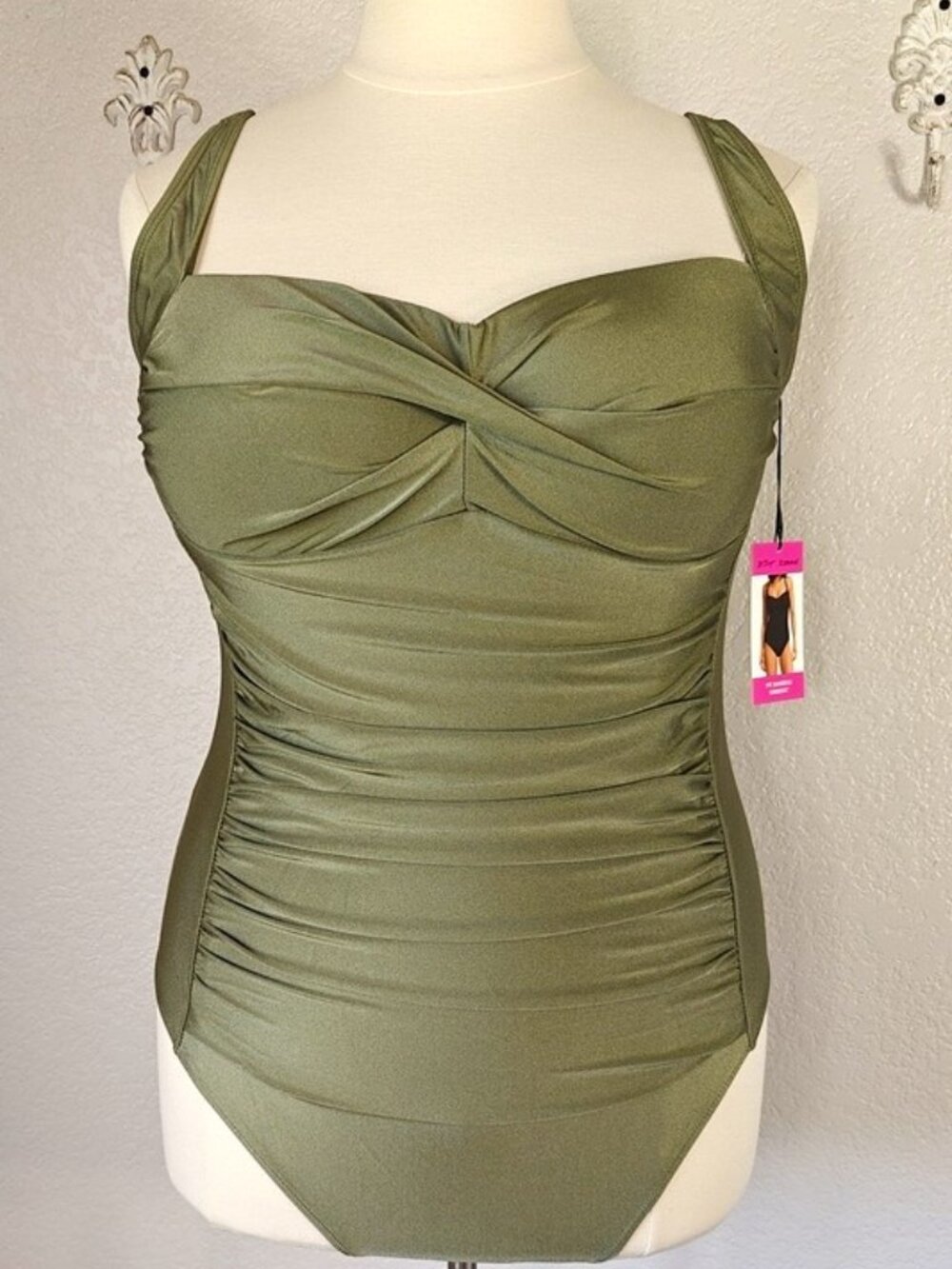 Betsey Johnson 3X Ruched One-Piece Swimsuit Bandeau Khaki Green